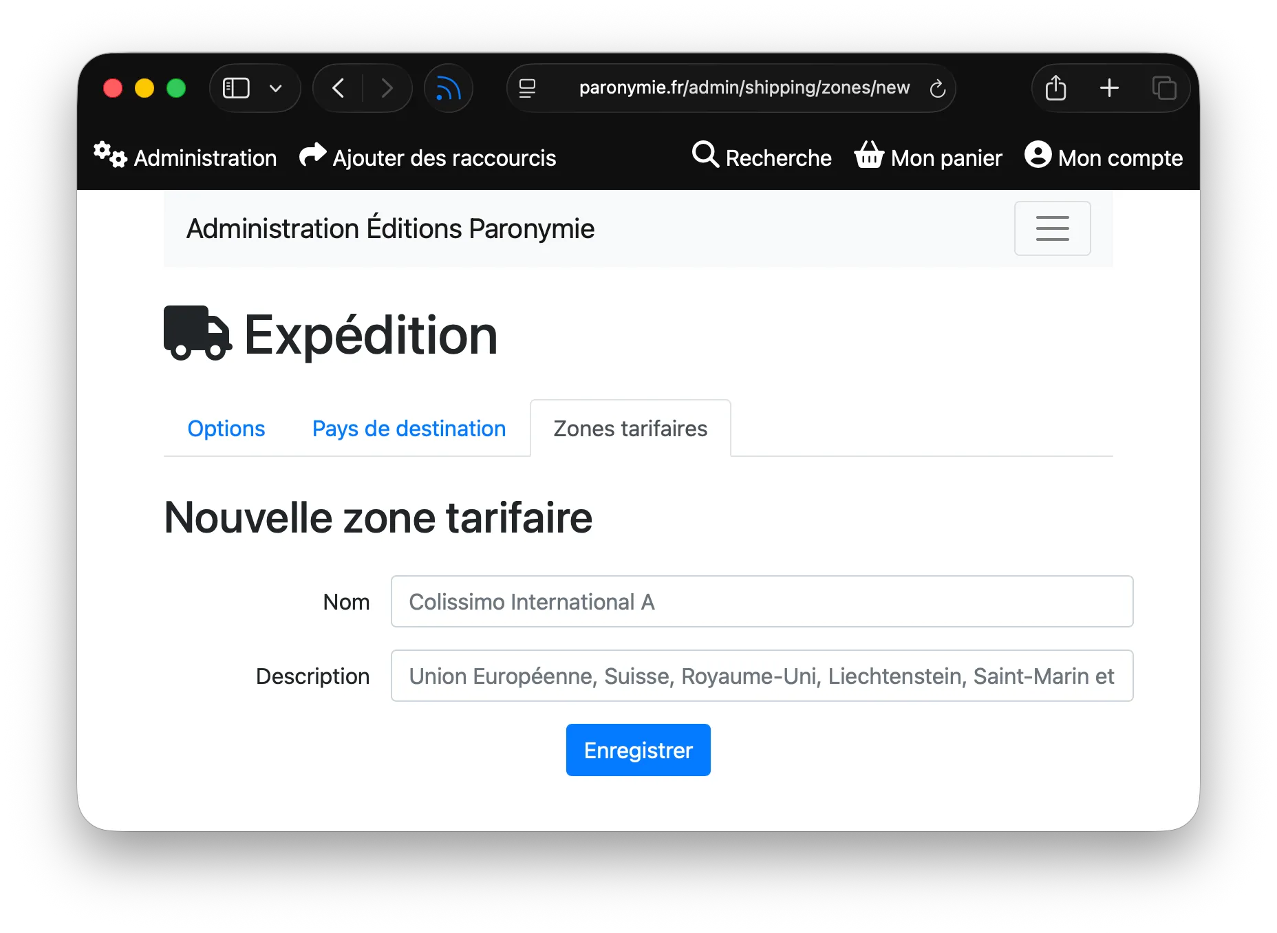 La page de création d'une nouvelle zone d'expédition