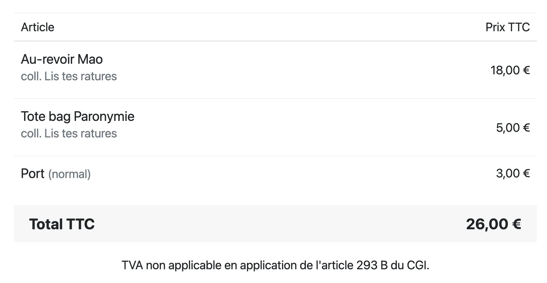 Facture en franchise de TVA, sans colonnes HT ni taux, avec la mention légale