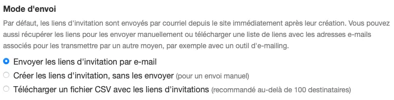 Capture d'écran des options de mode d'envoi