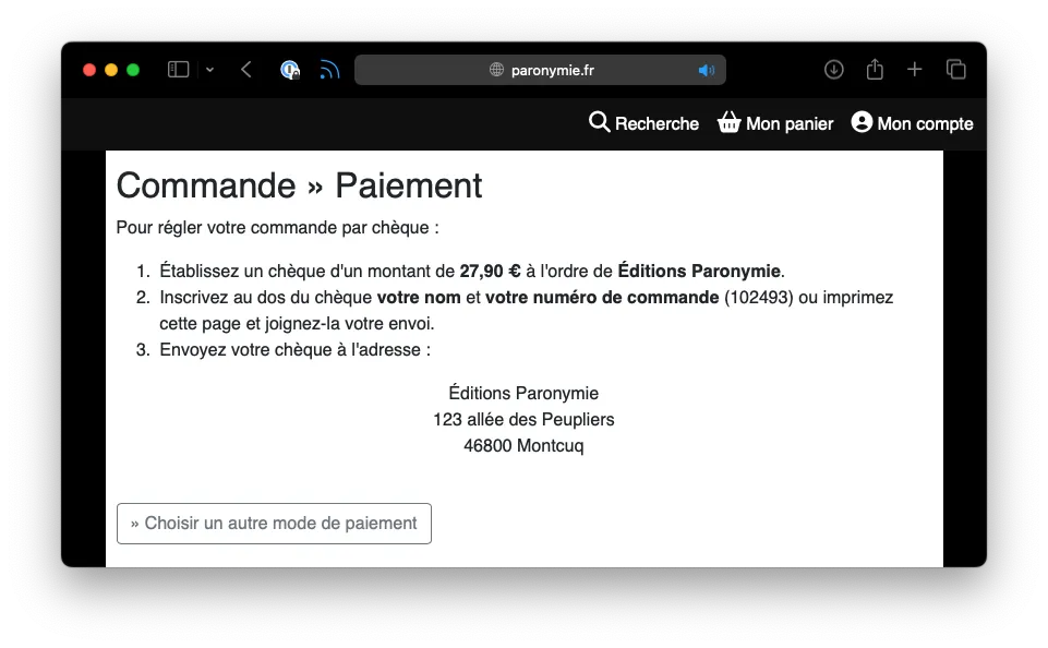 L'ancienne page de paiement lorsque la méthode "chèque" est sélectionnée