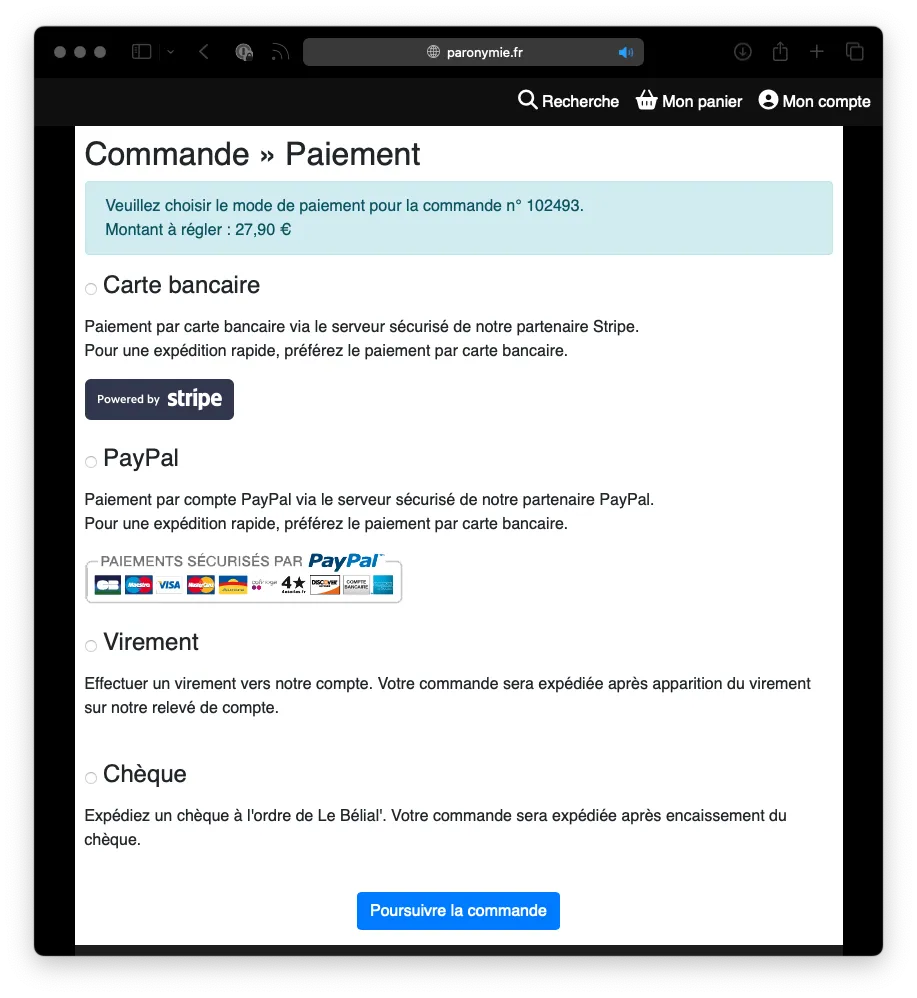 L'ancienne page de paiement avec de nombreuses méthodes de paiement sélectionnables à l'aide de boutons radio