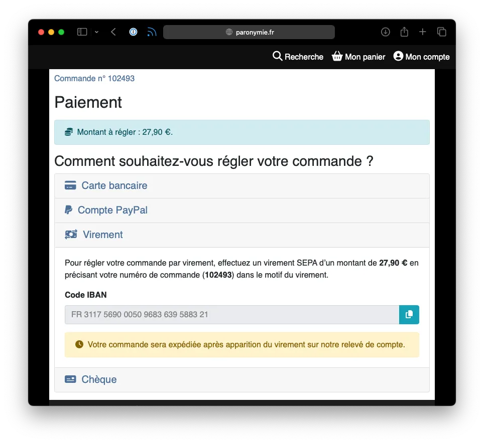 Une section de l'accordéon dépliée affichant les instructions de paiement par virement