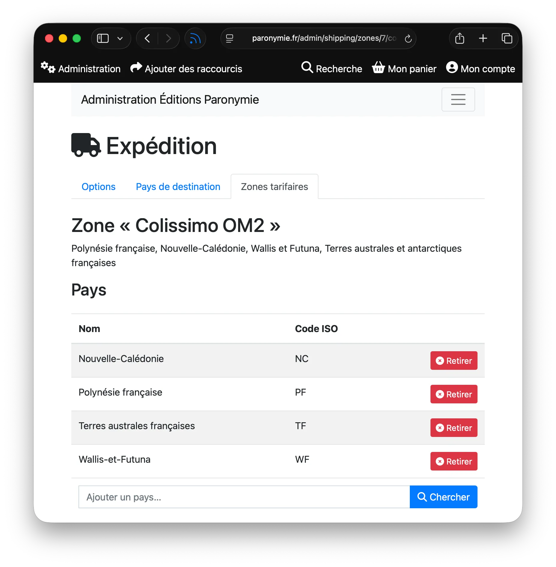 La page affichant tous les pays d'une zone d'expédition