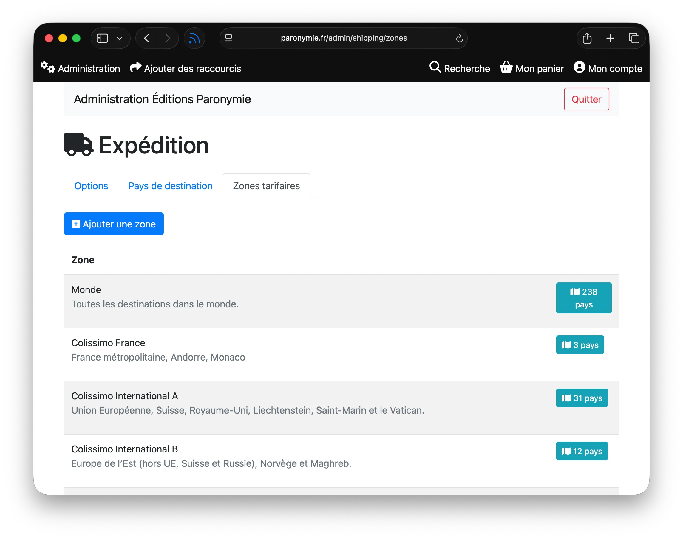 La page affichant les zones d'expédition